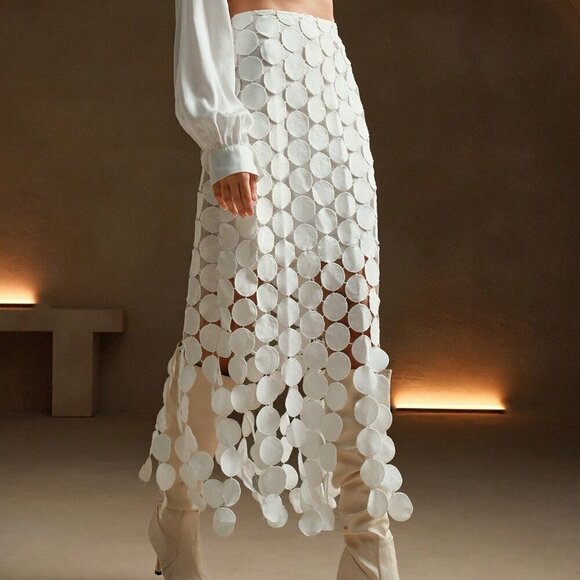 White Casual Women's Laser Cut Multi Circle Double Layered Skirt - Picture 6 of 7